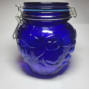 Vintage Cobalt Blue Glass Swing-Top Jar With Embossed Fruit Design